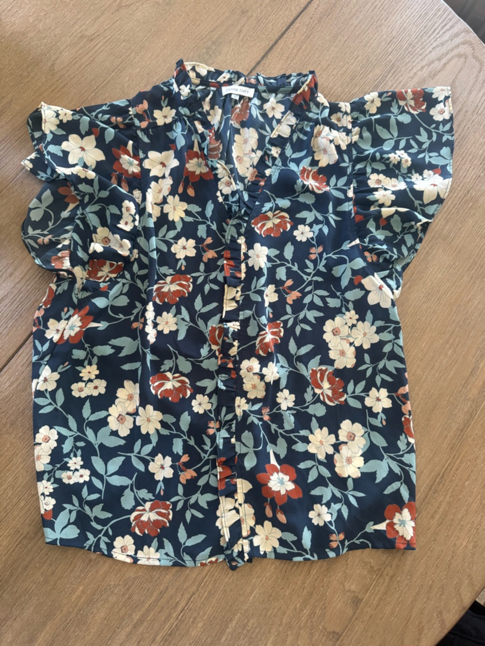 Floral Ruffle Sleeve Blouse in Navy